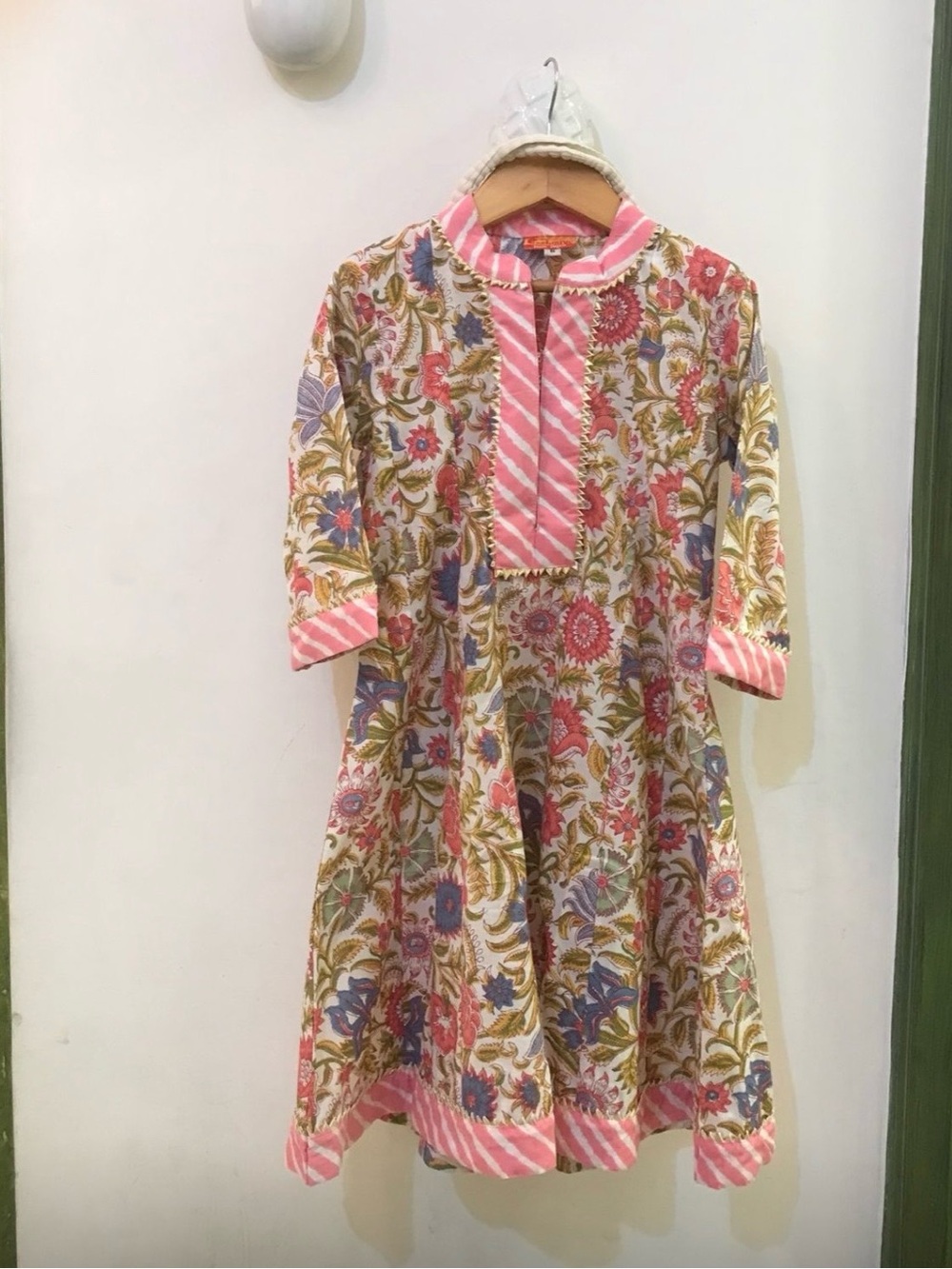 Girls Pink Floral A-Line Cotton Dress with Striped Trim